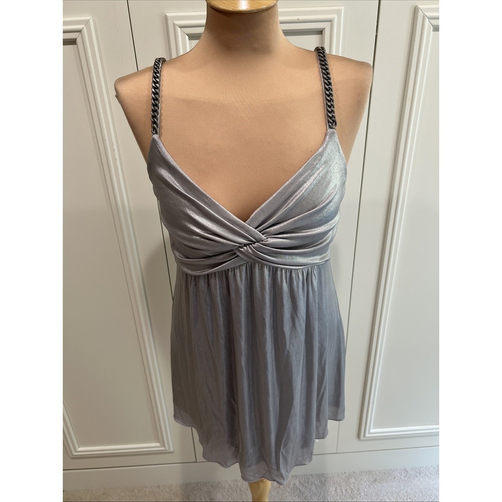 Bailey 44 Metallic Silver Babydoll Top Size Large Chain‎ Straps Going Out Club